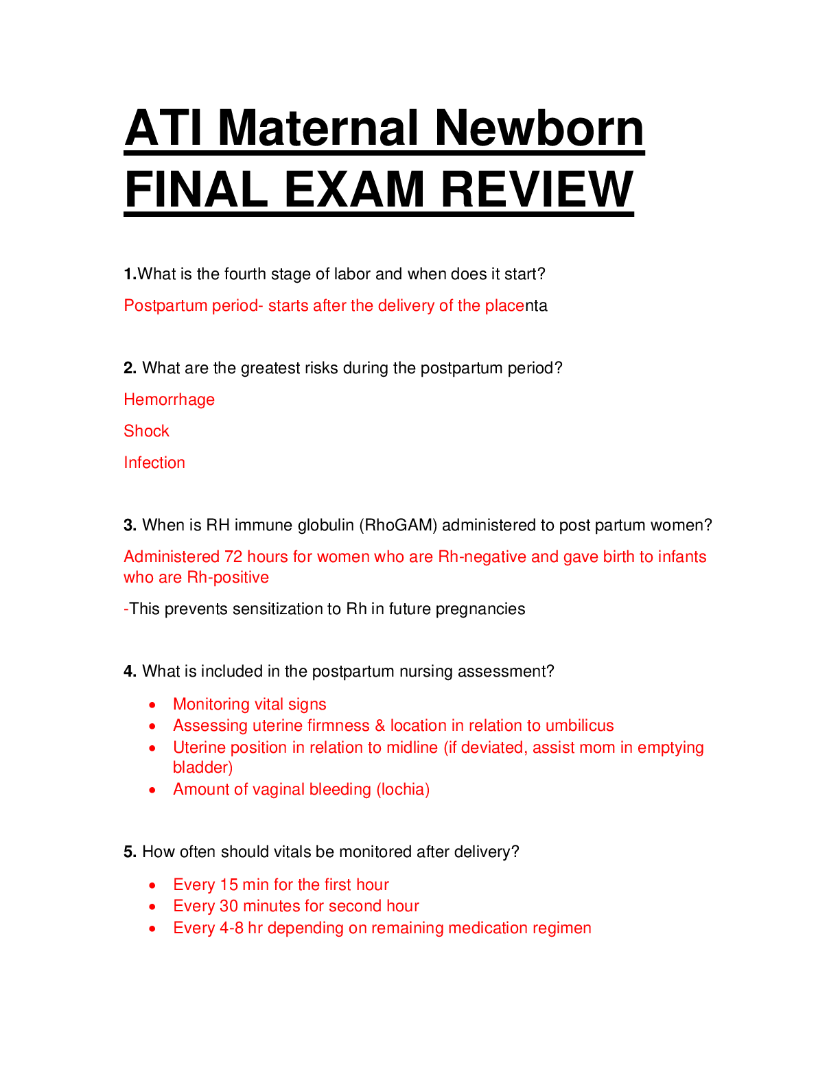 ATI MATERNAL NEWBORN FINAL EXAM REVIEW. QUESTIONS WITH VERIFIED ANSWERS